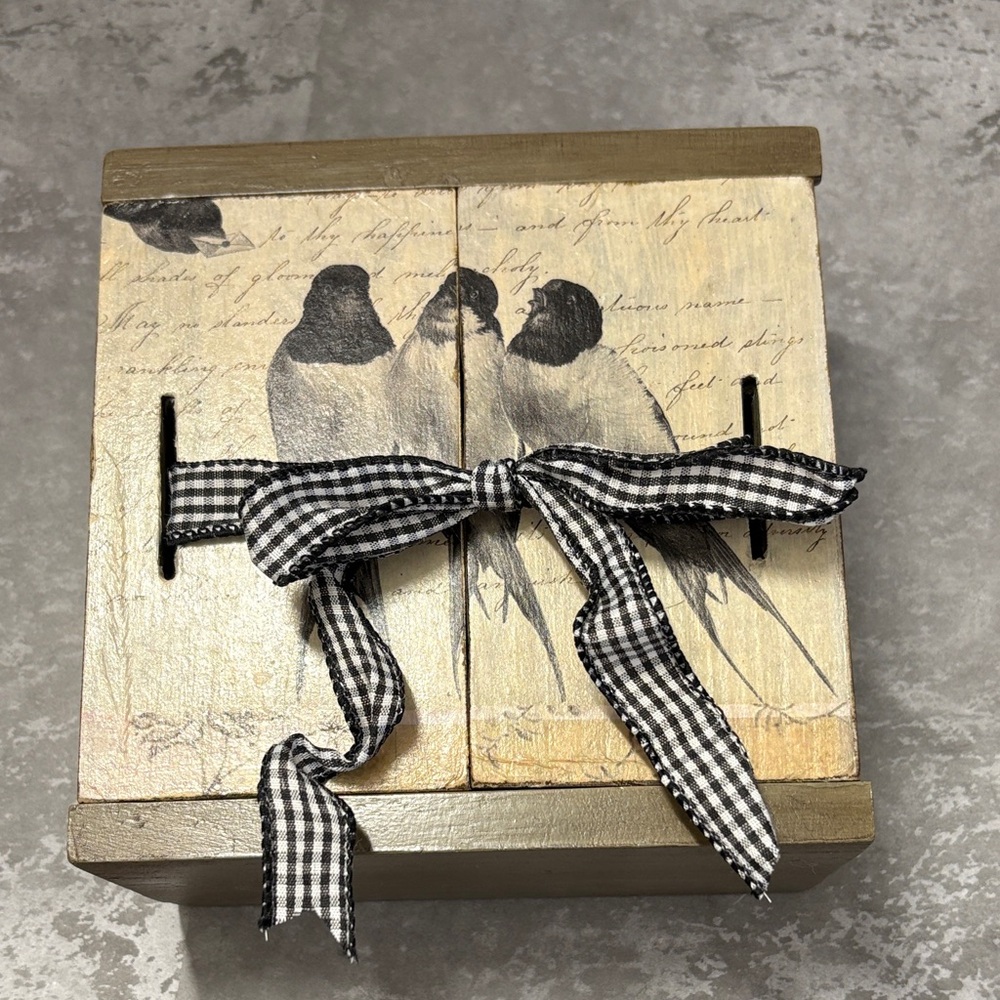 Decorative Wooden Box with Bird Design and Ribbon